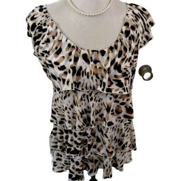 Milano Womens Small Top Leopard Print Pullover Sleeveless Stretchy Ruffle Animal - Picture 5 of 8